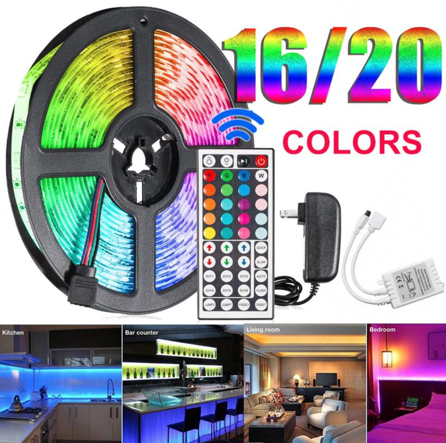 Светодиодная RGB лента 5 метров с пультом и адаптером LED Светодиодная RGB лента 5 метров с пультом и адаптером LED